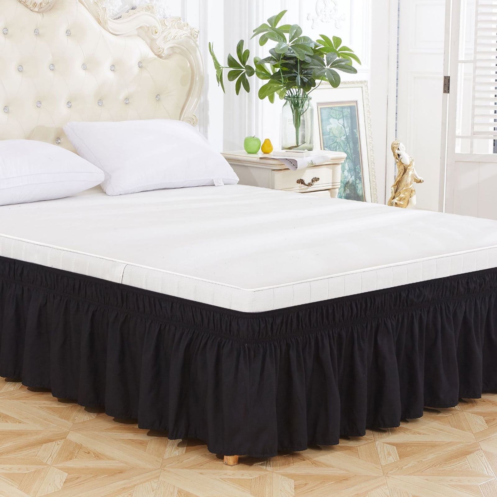 XMMSWDLA Wrap Around Ruffled Lace Bed Skirt Elastic Dust Ruffle with Adjustable Belts 15 Inch Drop Easy To Put On Bed Frame Cover Machine Washable King Queen 15 Walmart