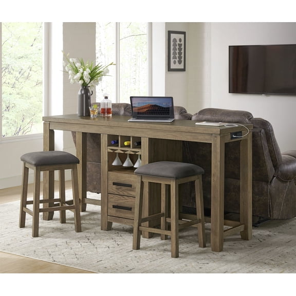 Saunders 3PC Sofa Console Bar Table Set USB/Wine Rack 2 Stools Brown Acacia Wood