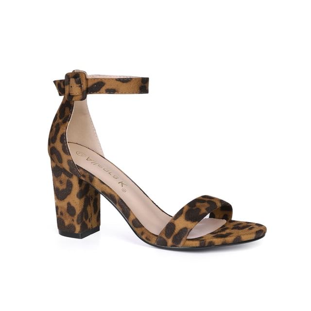 BLISSFUL STEP Women's Shoes Solid Color Open Toe Block High Heels Summer Sandals Brown-Leopard 9.5