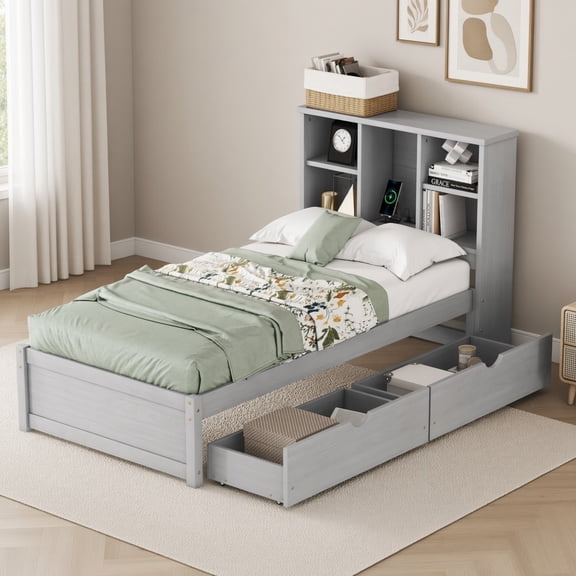 Twin Size Bed Frame with Bookcase Headboard USB Charging & 2 Storage Drawers, Sturdy Platform Bed with Slat Support, No Box Spring Needed, Space-Saving Modern Design for Guest Room