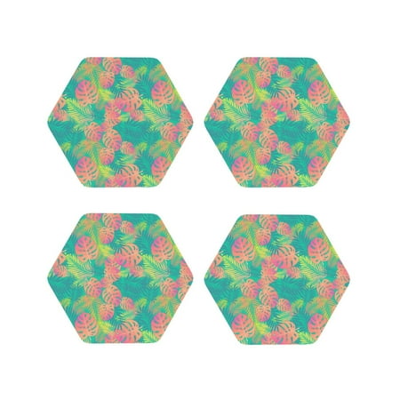 

Pofeuu Colorful Palm Leaves Print Coasters for Drinks 4Pack PU Leather Coasters Bar Drink Coasters for Tabletop Protection Furniture from Damage-Hexagon