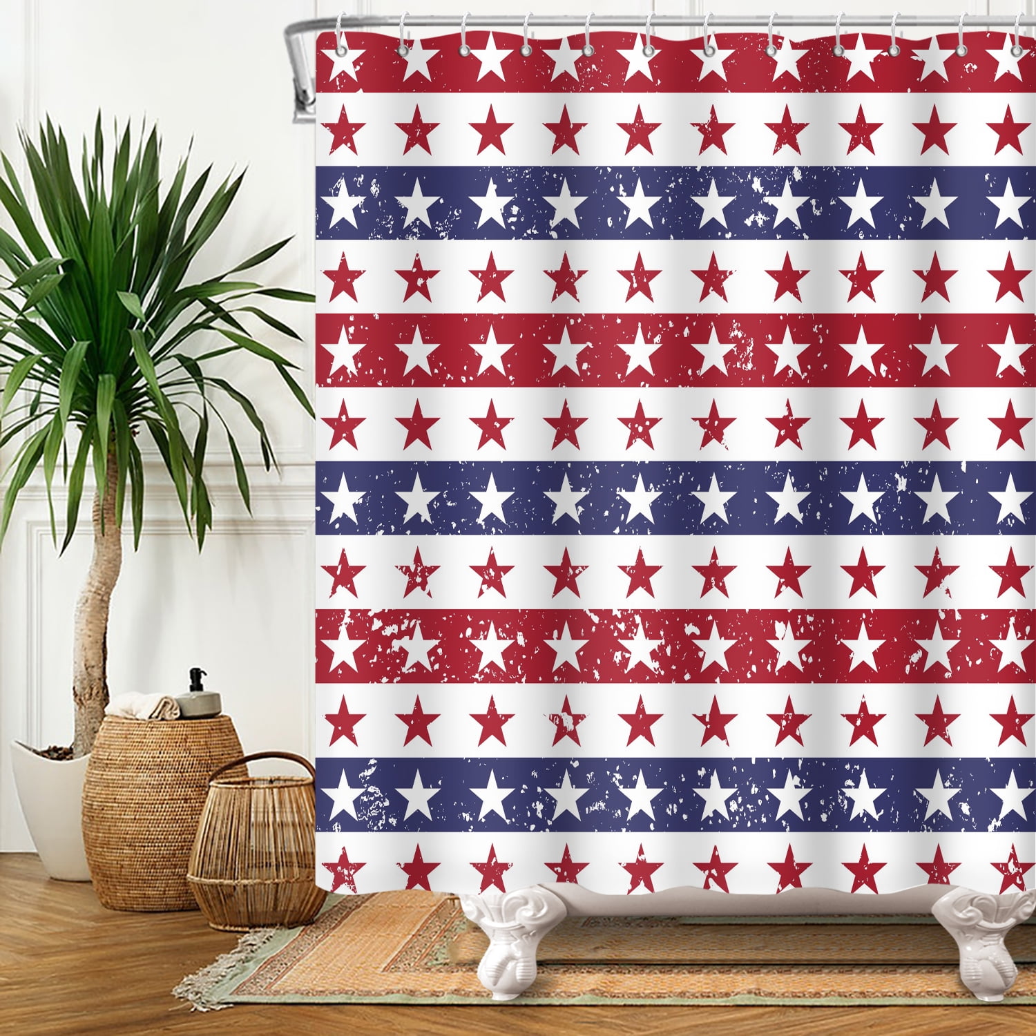 SUNOLIFE 4th of July Shower Curtain,Stripe Patriotic Independence Day Fabric Bathroom Curtain with Hooks,72x78 in