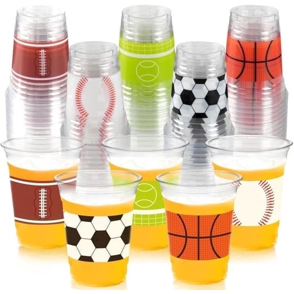 50Pcs Sports Party Plastic Cups, 12Oz Sports Plastic Disposable Cups for Football Soccer Basketball Baseball Birthday Party Supplies Favors