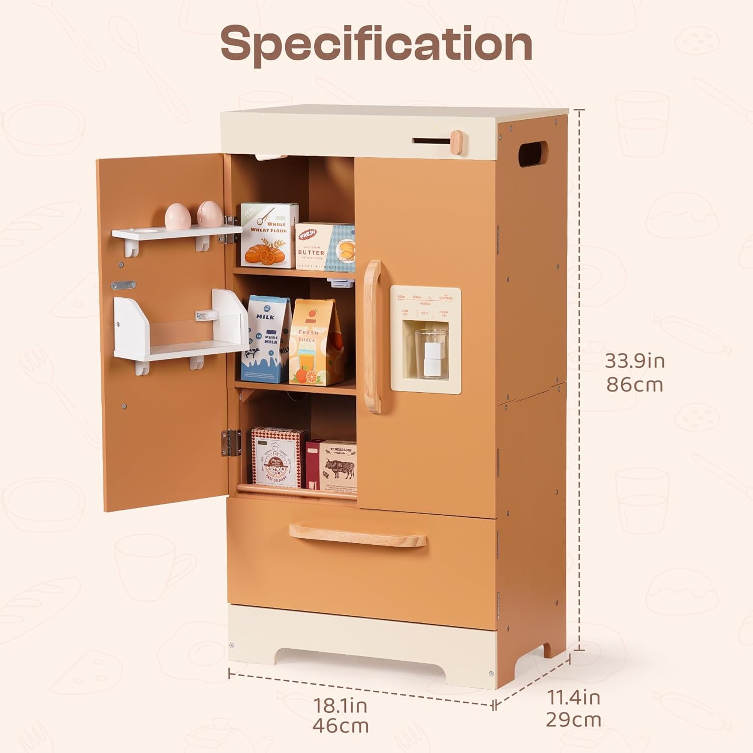 Robud Play Kitchen for Toddlers,Fridge Refrigerator with Ice Dispenser,Wooden Kids Play Kitchen Playset Toy,Gift for Ages 3+,Caramel