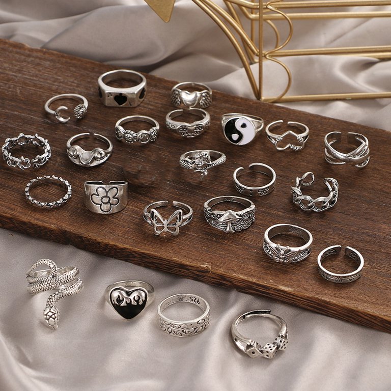 Set of 24 Gothic Silver Rings Set Elegant Grunge Rings Collection