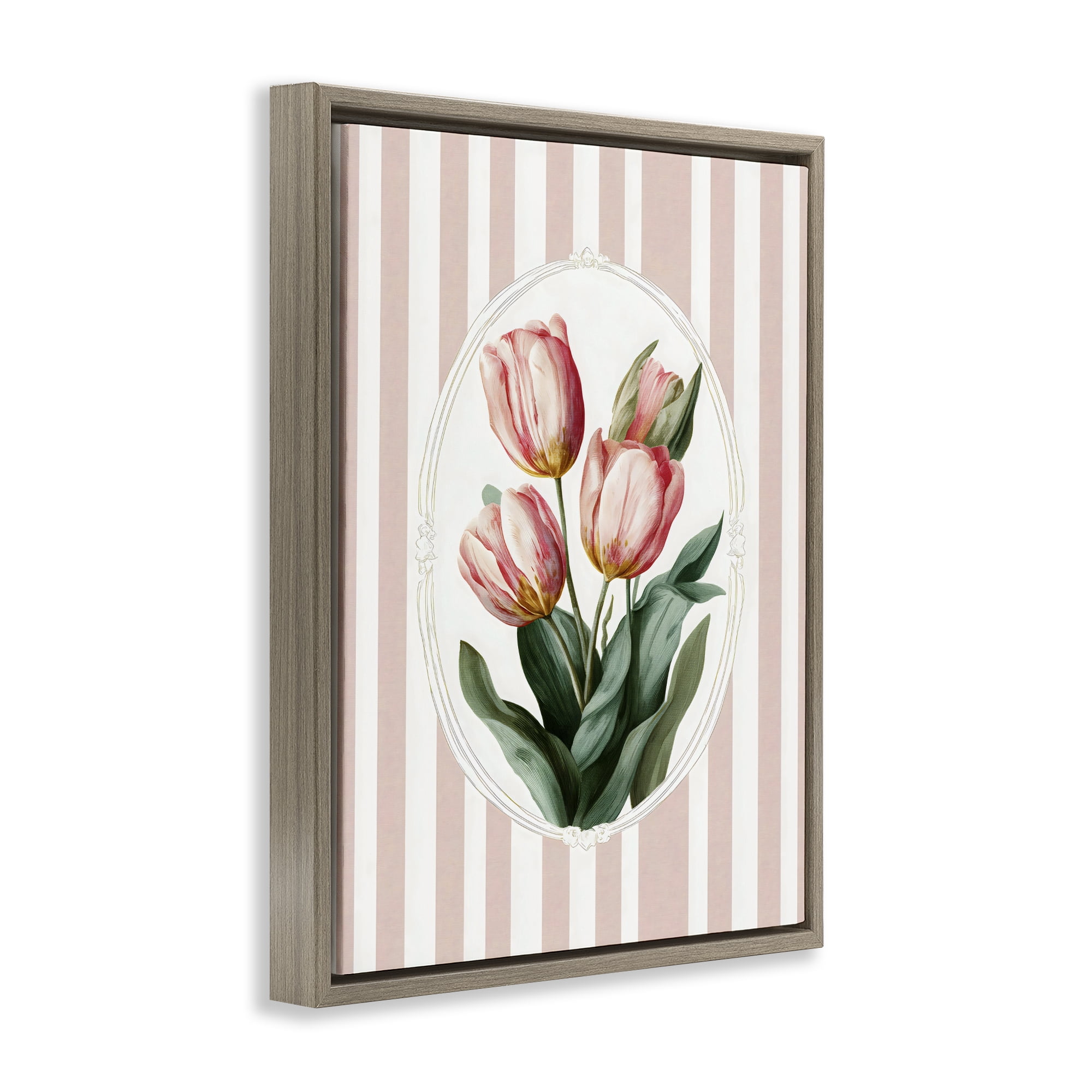 Stupell Industries Vintage Tulips on Stripes Brown Framed Floater Canvas Wall Art, design by Ink Drop Loft