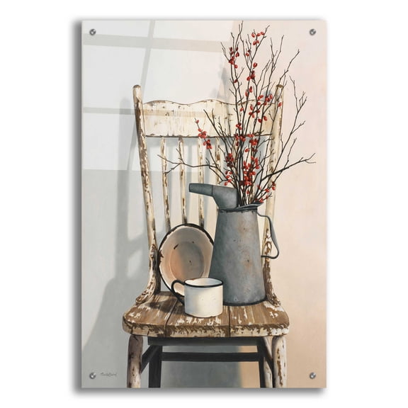 Epic Art 'Watering Can On Chair' by Cecile Baird, Acrylic Glass Wall Art, 24"x36"