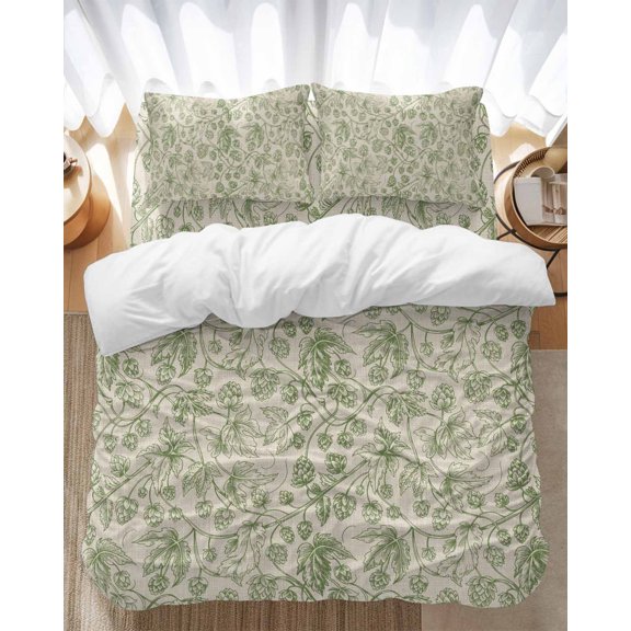 Vintage Wallpaper Bedding Duvet Cover Set King Size 4 Pieces Green Leaf Flower Plants Texture Bedding Set with Zipper Closure, 1 Comforter Cover 92x106 Inches 1 Flat Sheet & 2 Pillow Cases