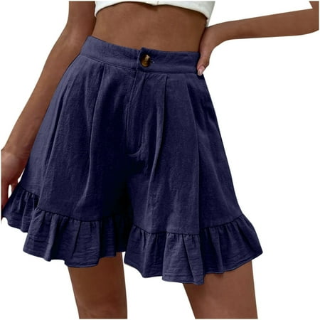 

Zkozptok Shorts for Women High Waist Shorts Pants Fashion Solid Color Casual Wide Leg Ruffle Loose Shorts Navy XXXXXL