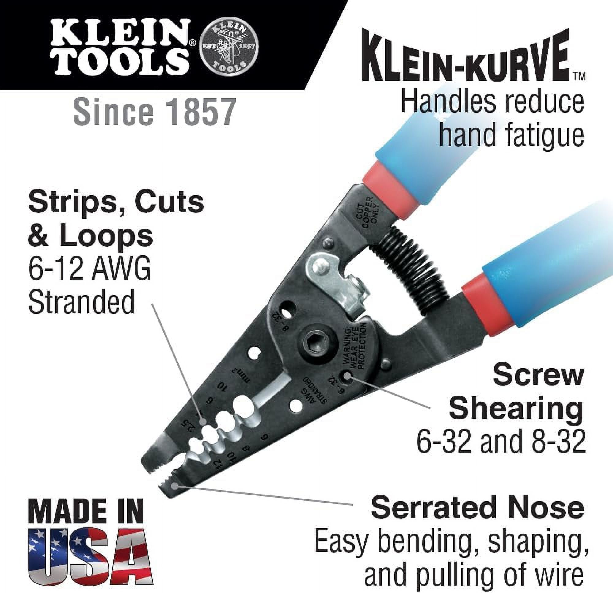 11053 Klein-Kurve Wire Stripper and Cutter, Made in USA, Stripping / Cutting Tool for 6-12 AWG Stranded Wire, 7-1/8-Inch