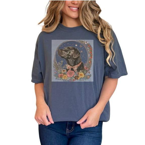 Black Lab T-Shirt, Floral Dog Shirt, Botanical Art Tee, Labrador Retriever Graphic Tee, Nature Inspired Dog Lover Gift, Pet Lover Shirt, Denim Comfort Colors T-Shirt, Small
