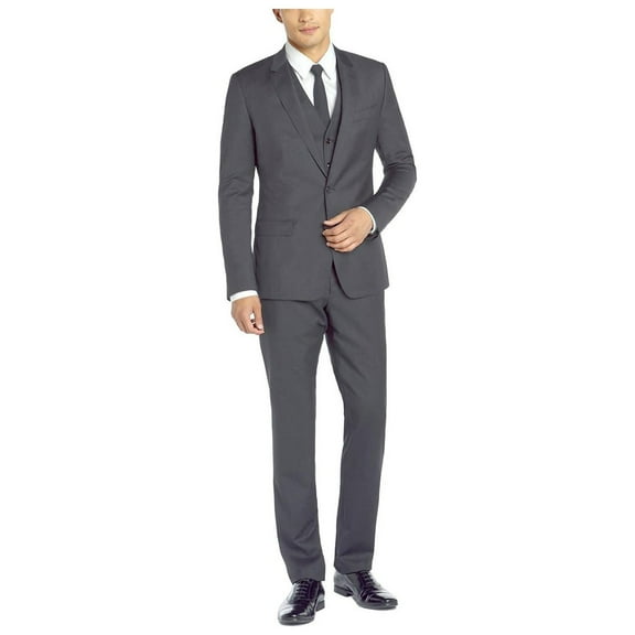 Mens Side Vent 3-piece Charcoal Wool Modern Fit Suit DTI