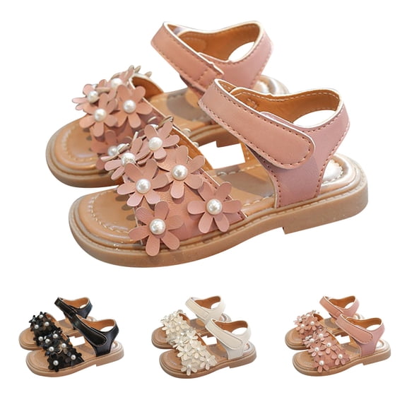 XIMIN Girls Open-Toe Sandals with Flower Pearl Applique Adjustable Ankle Strap Non-Slip Flat Sole Cute Casual Summer Beach Sandals (Pink, 8-9 Years)