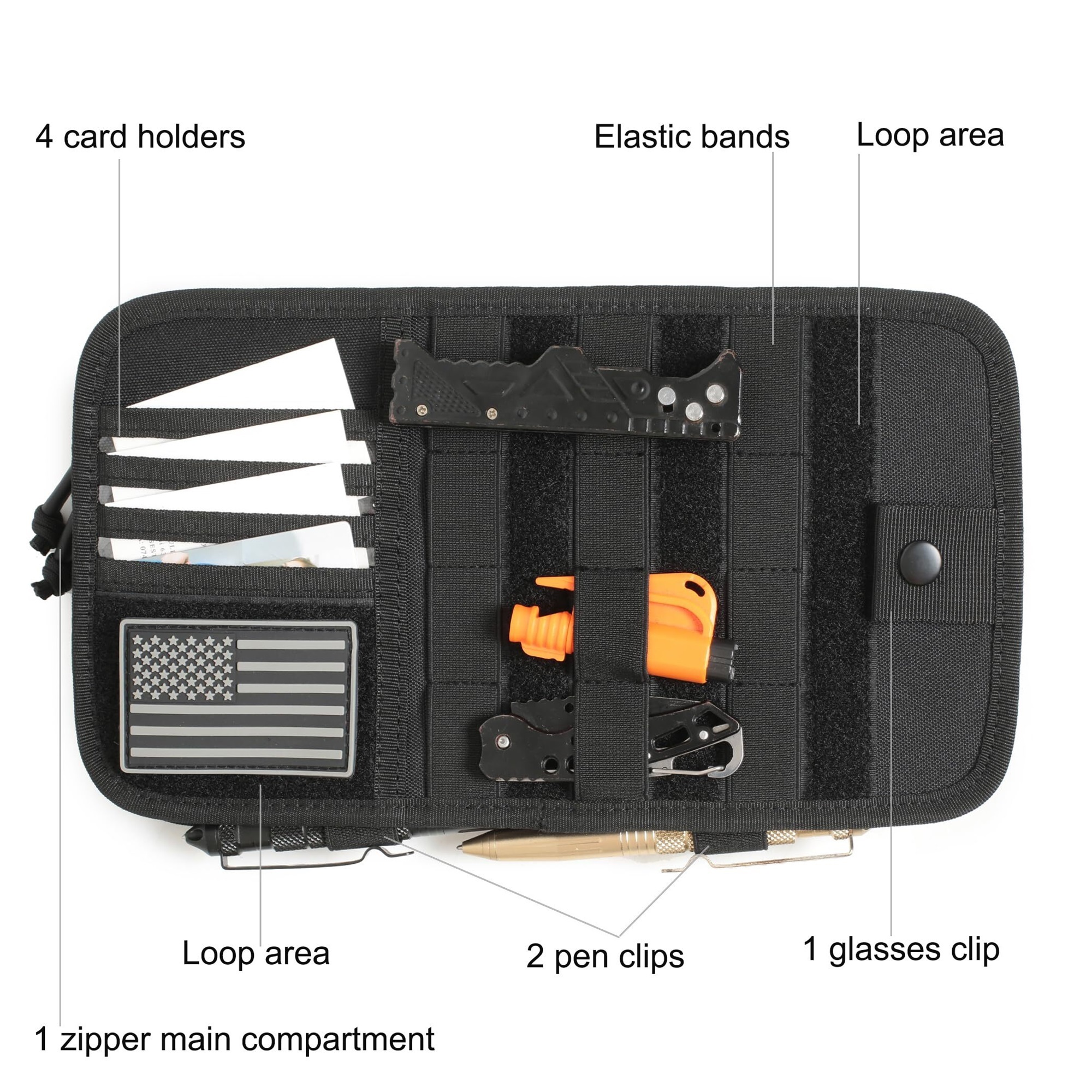Heavy Duty Molle Car Sun Visor Organizer-Tactical Car Accessories with Zipper Visor Storage Pouch,Glasses Clip and Card Sleeve Pocket, Multi-Pocket Visor Organizer Storage Pouch for Cars SUVs Trucks