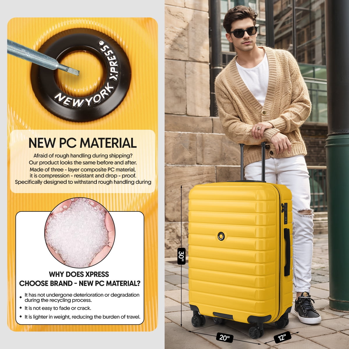 29 Inch Hardshell Large Checked Luggage for Travel,Lightweight Expandable Suitcsae with Spinner Wheels and TSA Lock,LA13601-Yellow