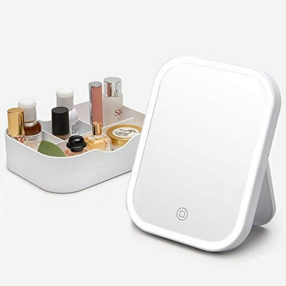 Lighted Makeup Mirror with Led Lights & Storage, SGUTEN Small Travel Makeup Case with Lighted Mirror, Touch Screen Desk Cosmetic Vanity Mirror, USB Adjustable Rechargeable Portable Mirror, White