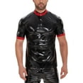 thumbnail image 6 of Men Shiny Leather T-shirt, Glossy PVC Leather, Short Sleeve, Male Wetlook Latex Casual Tops, 6 of 6