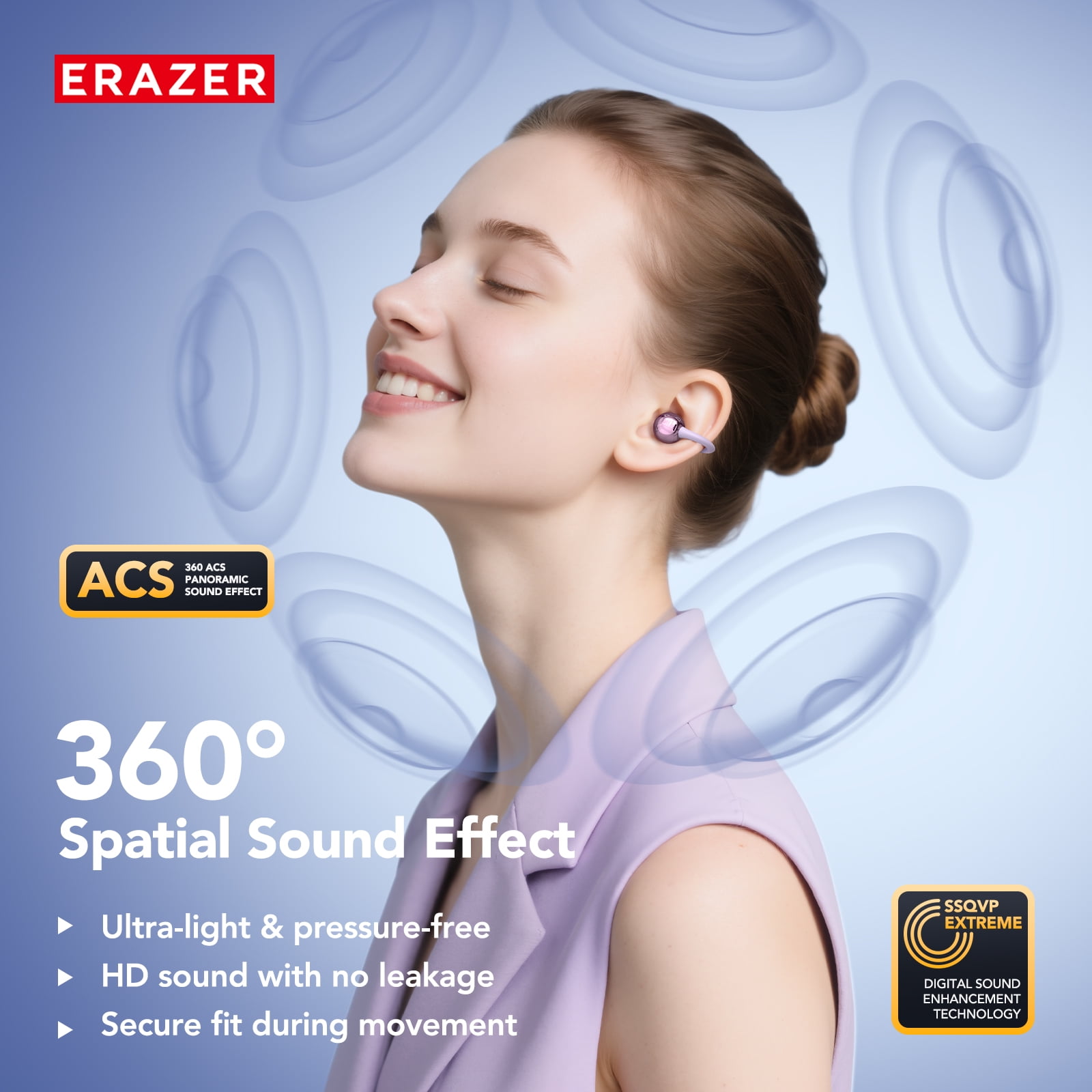 ERAZER XF36 Clip-On Wireless Earbuds, Bluetooth 5.4, 40H Playtime, IPX5 Waterproof Sports Headphones, Purple + Earbud Case