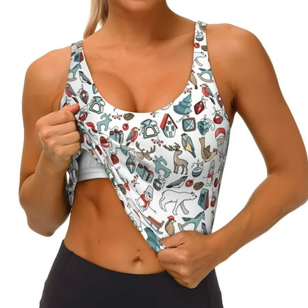 Qokaie Christmas Elements Pattern Womens Scoop Neck Sports Bra Breathable Workout Vest Padded U Back Medium Impact Fitness Gym Yoga Bra Workout Crop Top