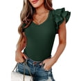 thumbnail image 2 of FOCUSNORM Women Ruffles Fly Sleeve Bodysuits Solid Color Knitted Ribbed V-Neck Skinny Rompers Summer Casual Playsuits, 2 of 9