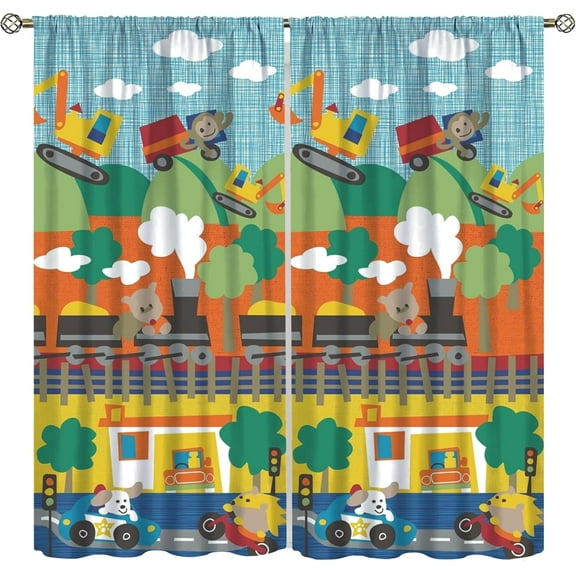 Kids Blackout Curtains for Nursery,Fun Cartoon Colorful Cute Animal Car Train Country Town Print Rod Pocket Window Treatments Drapes for Bedroom Living Room Home Decor42x39in