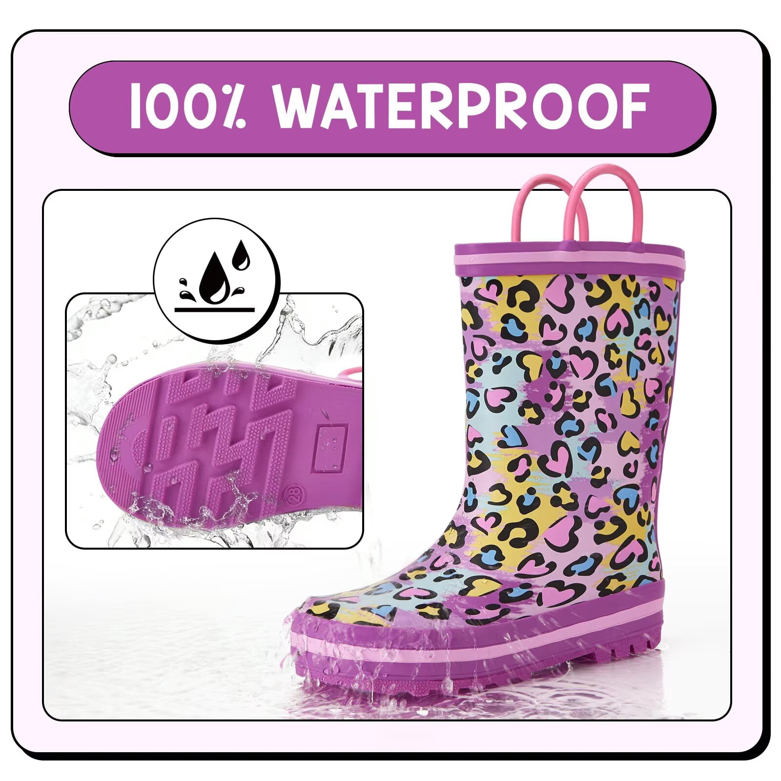 EUXTERPA Toddler Rain Boots for Girls Waterproof Kids Heart Rubber Boots with Easy On Handles Toddler Size 5
