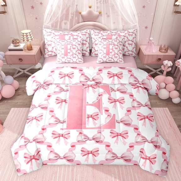 Castle Fairy Teenagers Cartoon Bow Knot Letter Monogrammed E Twin Bedding Sets 7-Piece,Cute Bow-Tie Plaid Grid Bedding Comforter Set Microfiber,Dreamy Princess Breathable Sheet Sets