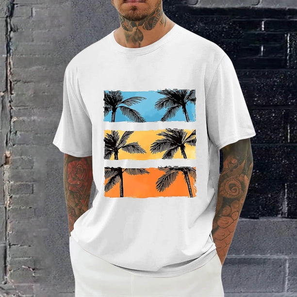 Tops para hombre, blusas y camisas de cuello redondo y manga corta para hombre, blusas casuales de moda con cuello redondo y estampado para hombre, blusas de poliéster para hombre.