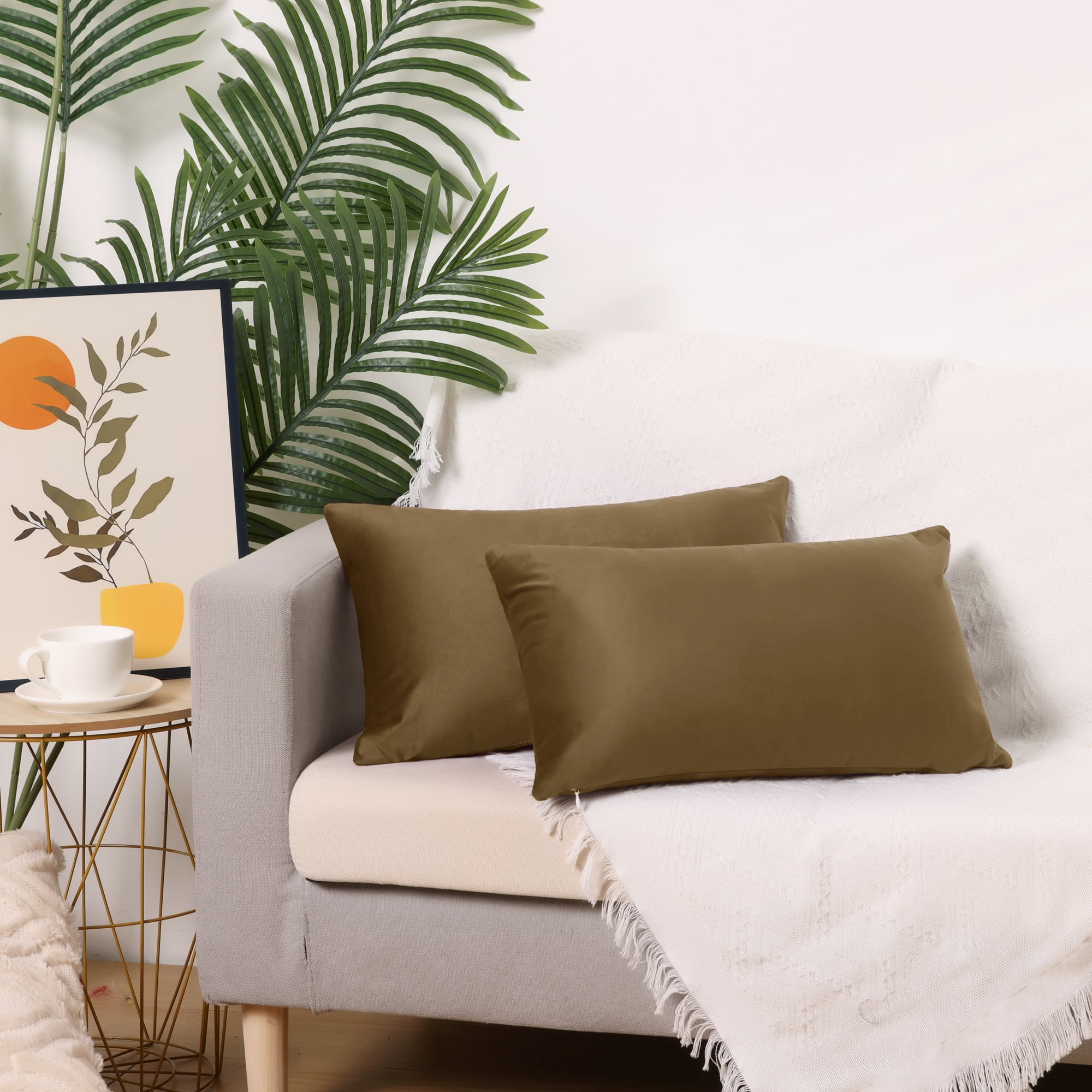 Unique Bargains Velvet Modern Zipper Cushion Decorative Throw Pillow Covers (2 Count) Brown 12" x 20"