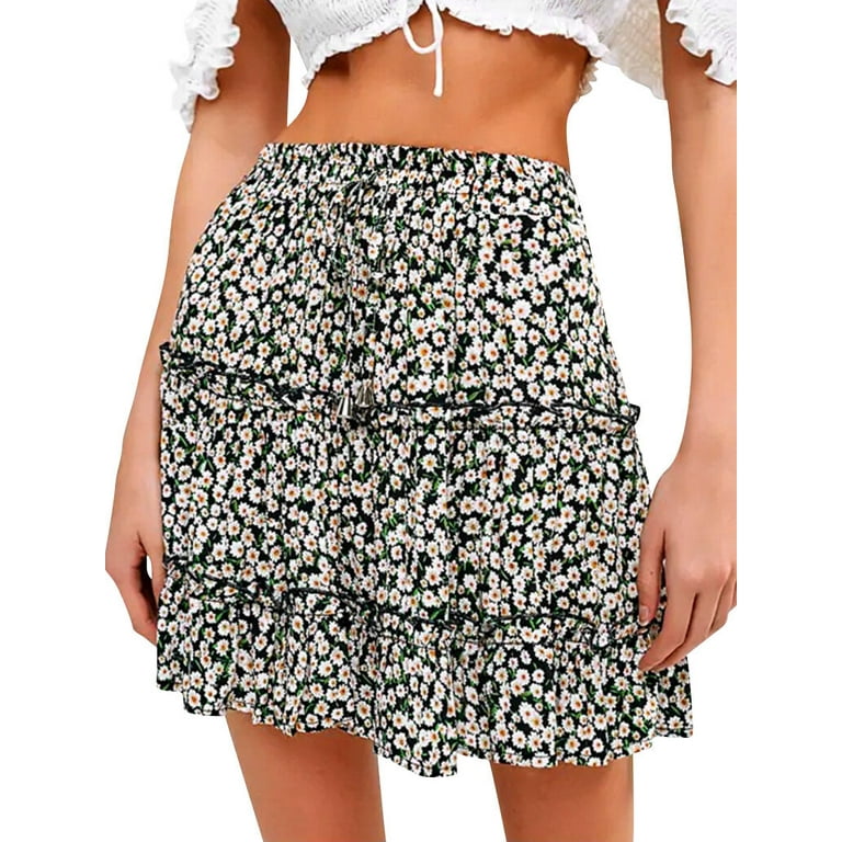 Xuanfei Women Floral Print Ruffle Design High Waisted Drawstring A Line MIni Skirt