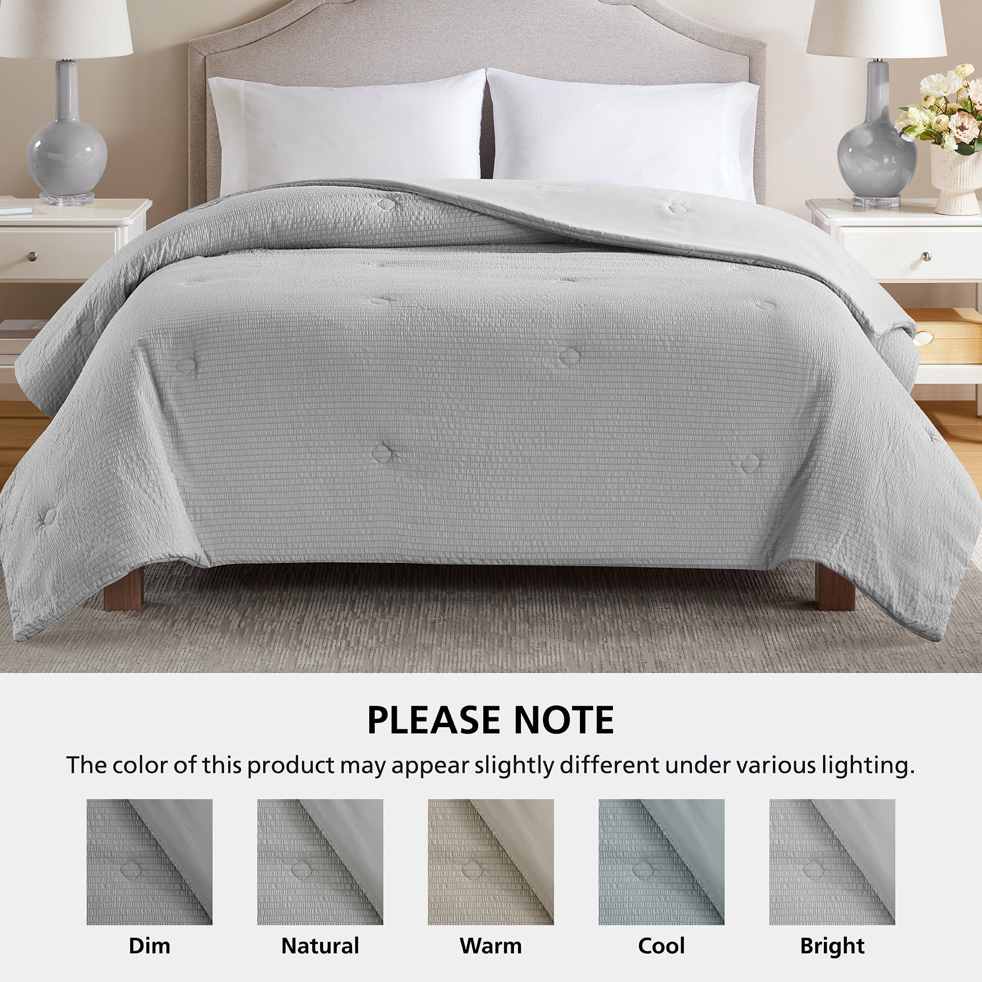 Mainstays Full/Queen Comforter, Reversible Down Alternative, All-Season, Grey Seersucker