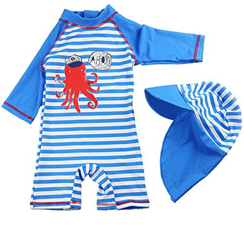 UV Swimsuit with Caps REWANGOING Baby Kids Boys Two Pieces Cartoon Print Short Sleeve Swimwear Rash Guard UPF 50