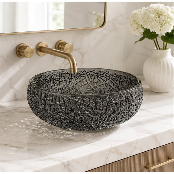 Moonshell 17" Tempered Glass Circular Bathroom Vessel Sink in Light Black