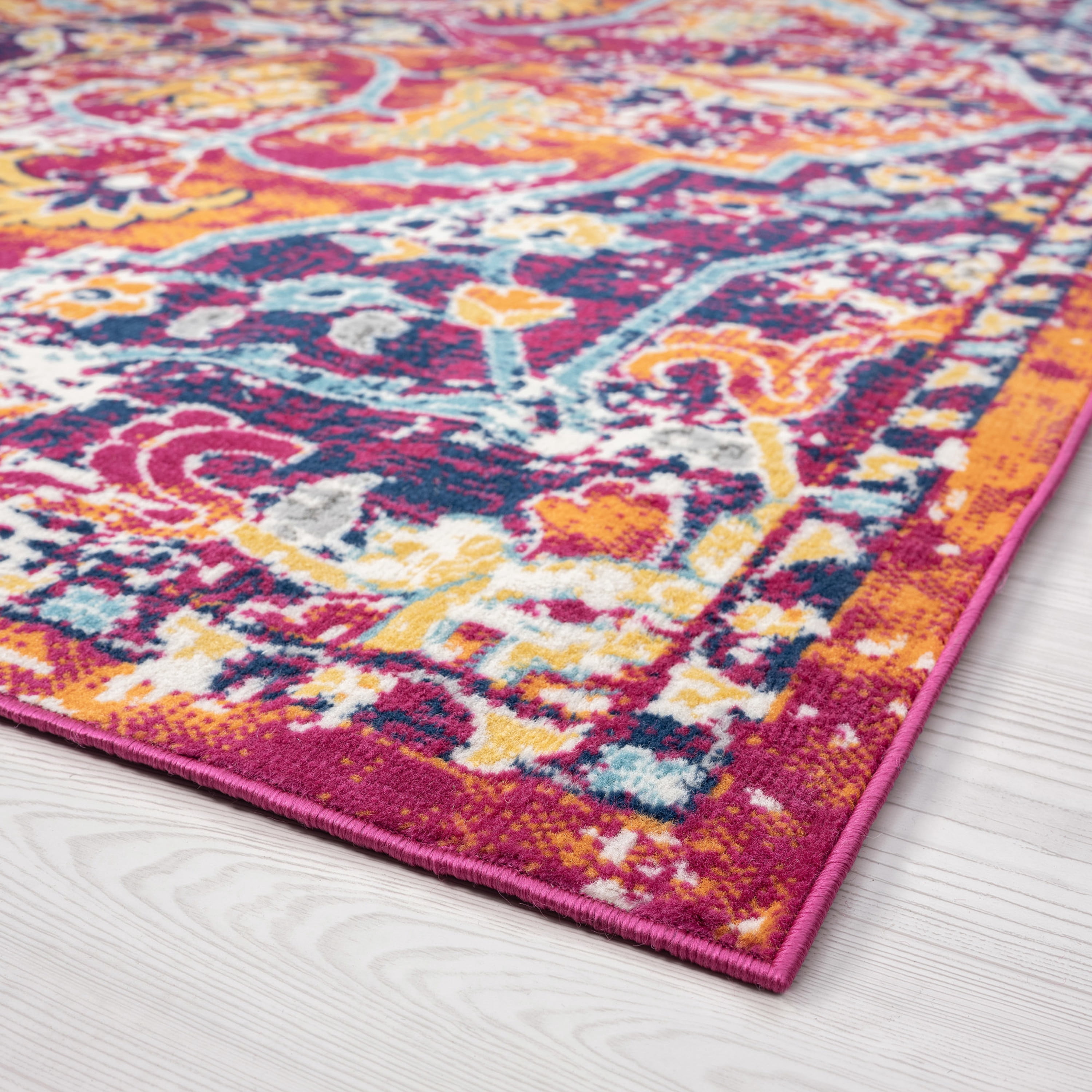 Transitional 2x8 Area Rug (2'2'' x 7'3'') Medallion Pink, Orange Indoor Runner Easy to Clean