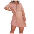 thumbnail image 1 of Vestido informal de manga corta con estampado para mujer: minivestido con cuello alto y bolsillos, tejido de poliéster, corte holgado, adecuado para el uso diario en primavera, otoño e invierno., 1 of 5