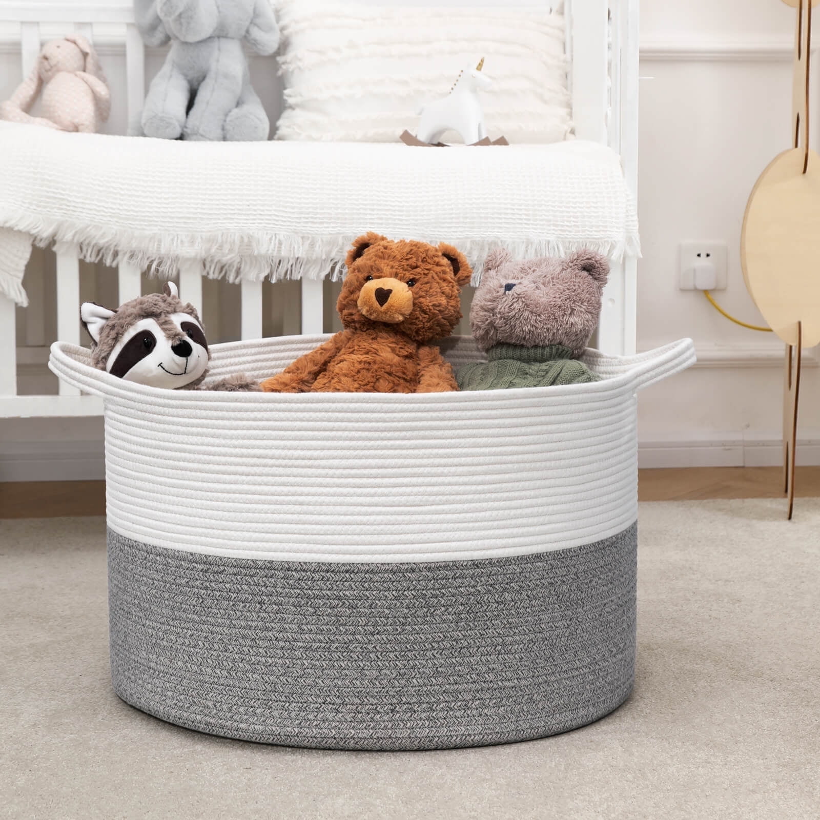 Timeyard Large Woven Laundry Hamper Basket - Decorative Storage Organizer for Living Room, Holds Toys Pillows Blankets Clothes - 21.7" x 21.7" x 13.8"-Light Grey