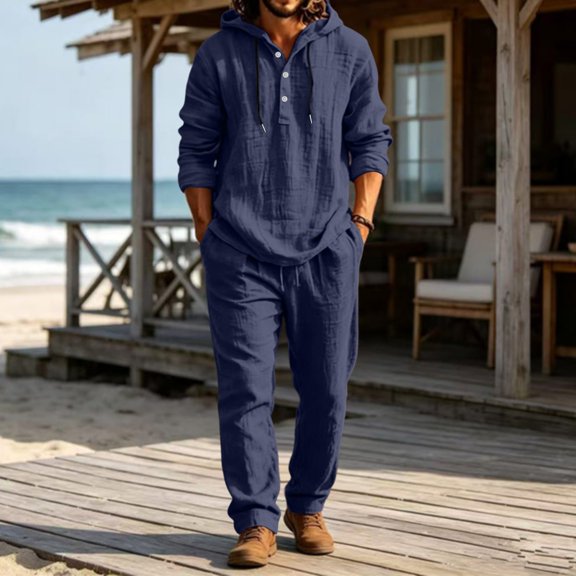 Men's 2 Piece Outfits Textured Button Long Sleeve Shirt Drawstring Waist Loose Pants Set Tracksuits Vacation Outfit Navy XXL