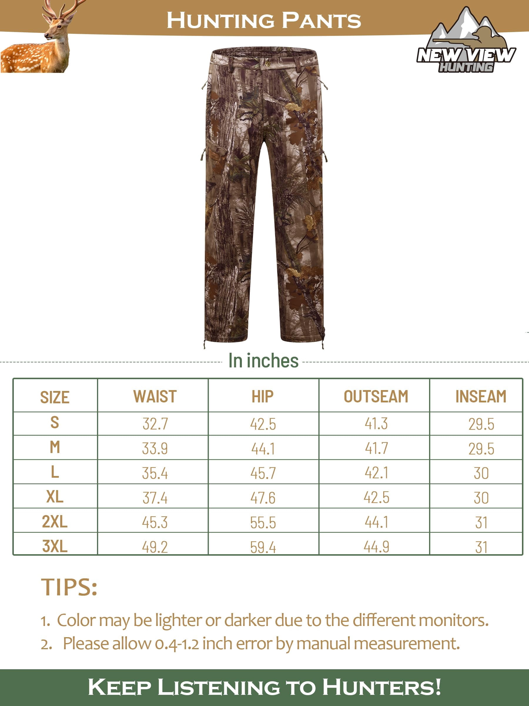 NEW VIEW Silent Camo Hunting Pants for Men Cold Weather, Fleece Lined Insulated Pants, Water-Resistant, Elastic Waist (Tree Camo, XXXL)