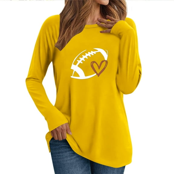 Charella Long Sleeve Shirts for Women Rugby Graphic Tee Loose Fit Crew Neck Ptinted Tops Soft Clothes (XL, Yellow 2)