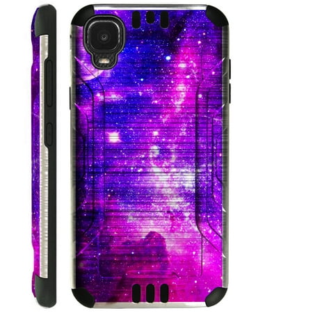 Compatible with TCL A3 Brushed Metal Texture Hybrid Silver Guard Phone Case Cover (Purple Universe)