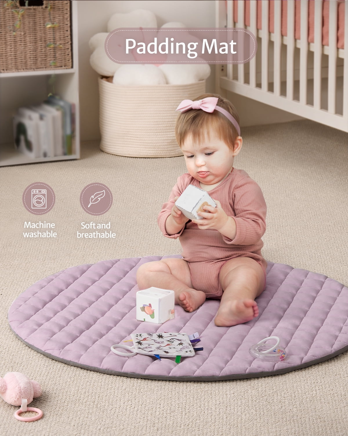 Blissful Diary Baby Play Gym Activity Mat, Tummy Time Mat Play Mat with 6 Sensory Toys for Motor Skill Development, Newborn Infant Baby Essentials Gift for Girls, Lilac Pink