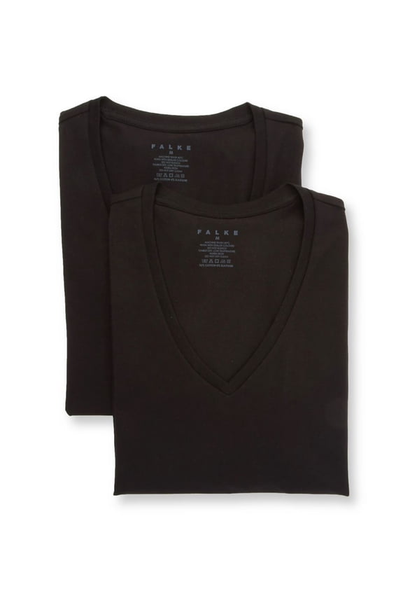 Men's Falke 68106 Daily Egyptian Cotton Deep V-Neck T-Shirt - 2 Pack (Black L)