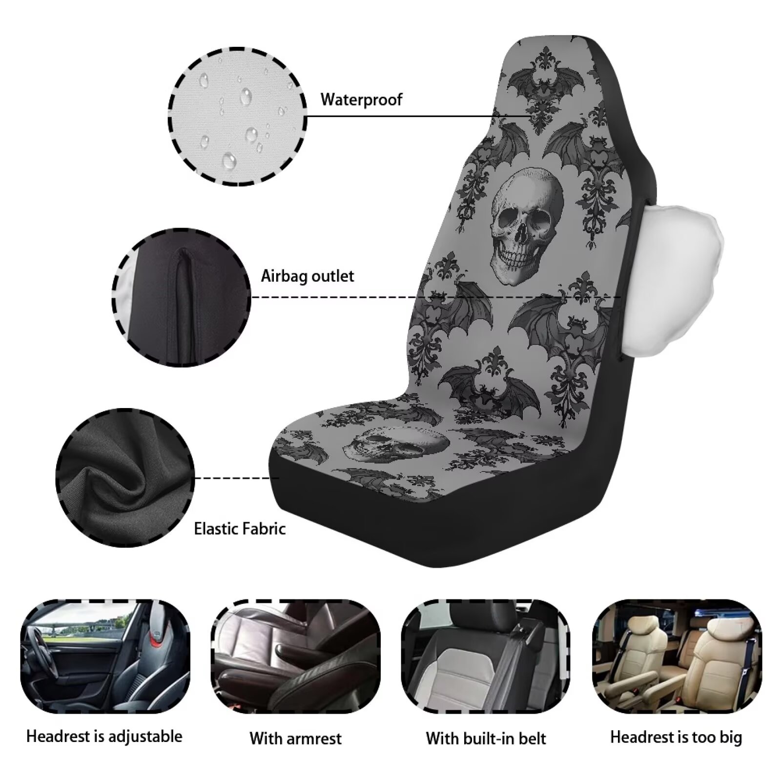 Binienty Skull Front Seat Covers for Cars Waterproof Grey Bats Automotive Seat Covers & Accessories for SUV Truck Sedan Van, Airbag Compatible Vehicle Bucket Cushion Cover, 2 Pack