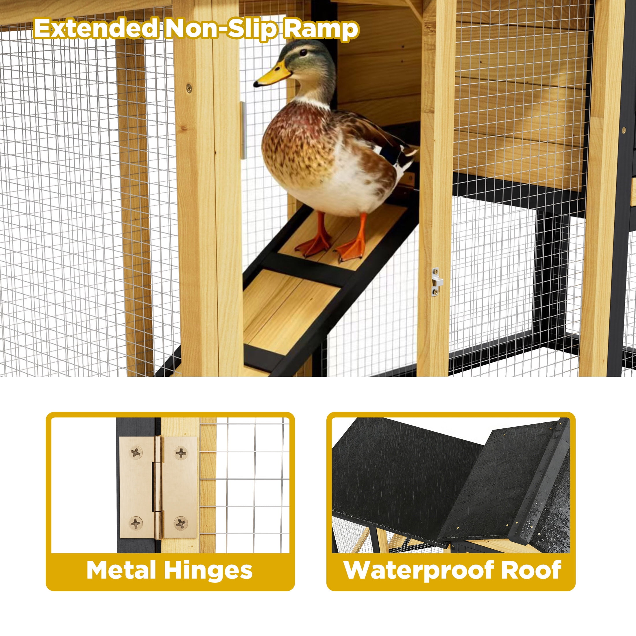 Weatherproof Duck Coop and Wire Mesh Run,Wooden Backyard Duck Condo with Nesting Box,Indoor Rabbit Hutch with Tray,46.9",Yellow