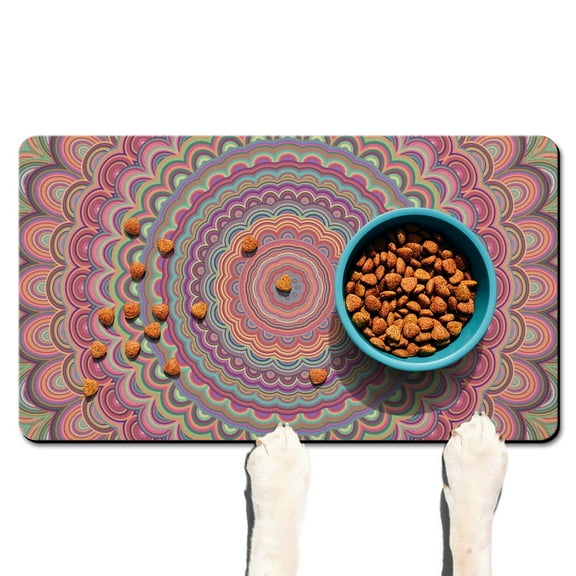 Dog Food Mat with Artistic Floral Paisley Ethnic Mandala Art, Durable Waterproof Absorbent Non-Slip Pet Feeding Mat
