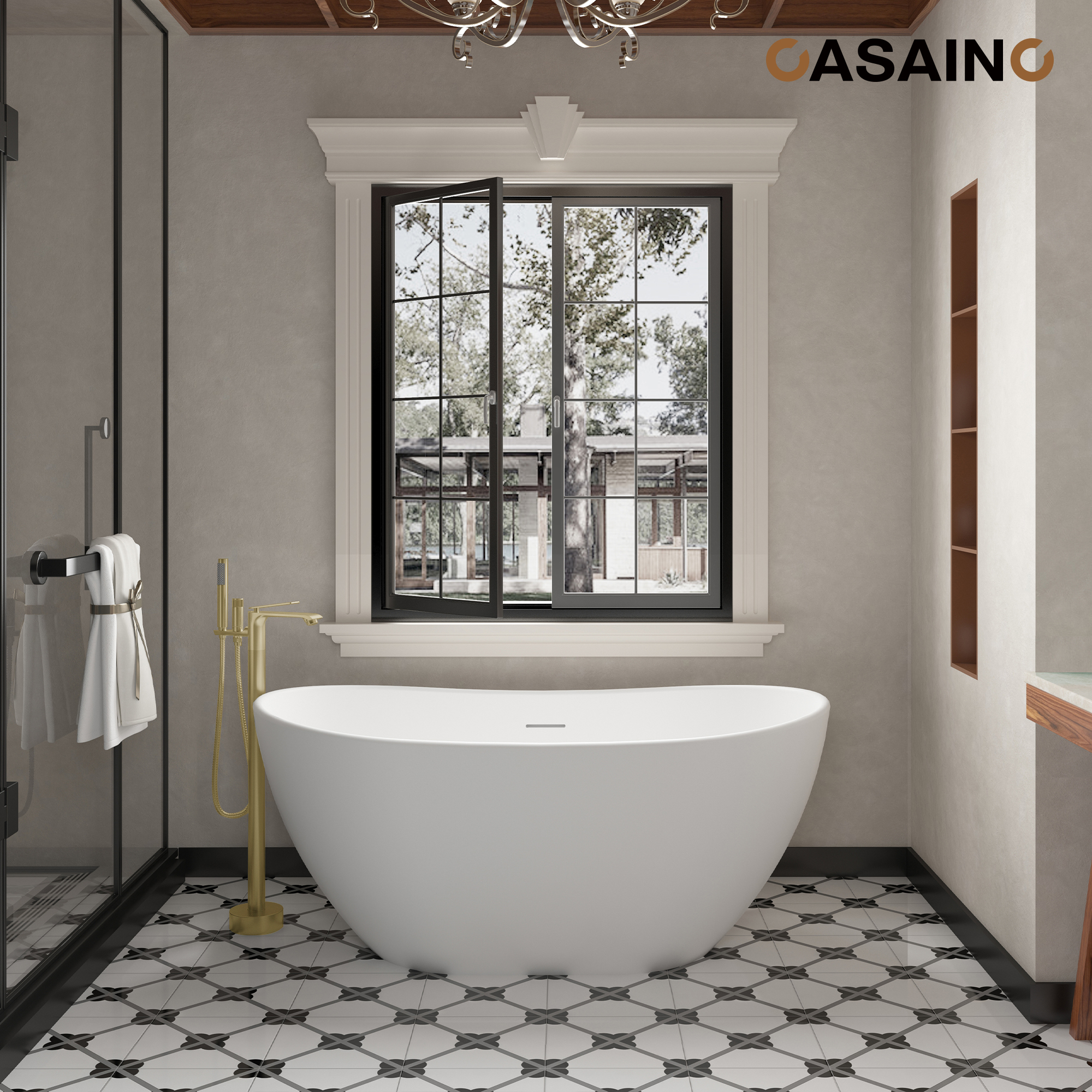 CASAINC Single-Handle Freestanding Floor Mount Tub Filler Faucet with Handheld Shower in Brushed Gold