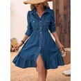 thumbnail image 5 of Women'S Flowy Denim Dress Vacation Lapel Long Puff Sleeve Button Down A Line Swing Ruffle Jean Dress, 5 of 7