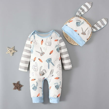 

KONBECA Baby Boys Girls Rompers Infants Pure Cotton Coverall Boy Easter Outfit Infant Baby Boys Girls Cartoon Carrot Print Romper Jumpsuit with Rrabbit Ears Hat Outfits (6-36 Months)