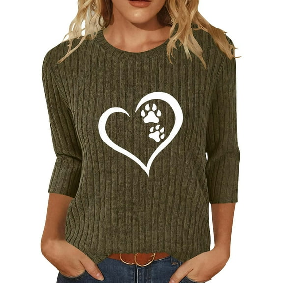 GuzomFashion Womens Army Green Pet Paw & Heart Graphic Top - Soft Stretch Nylon Spandex, 3/4 Sleeve, Relaxed Fit (S-XXL),Size S
