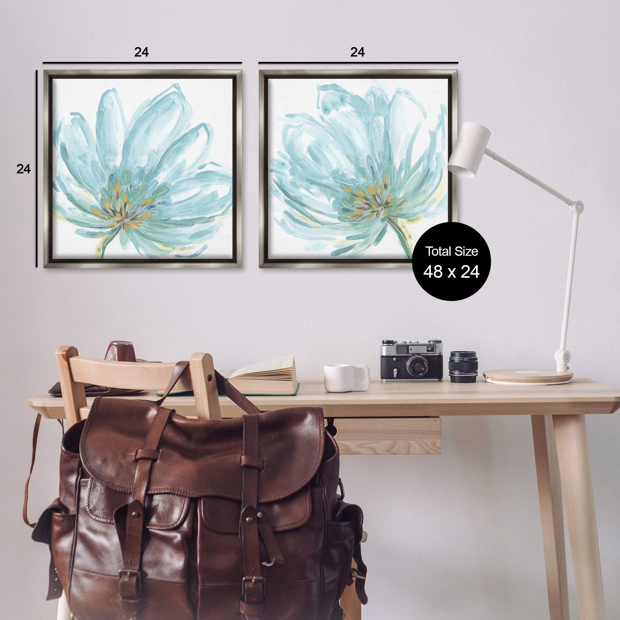 Stupell Industries Blue Blossoms on White Botanical & Floral Painting Gray Floater Framed Canvas Art Print Wall Art, 25 x 25, Set of 2